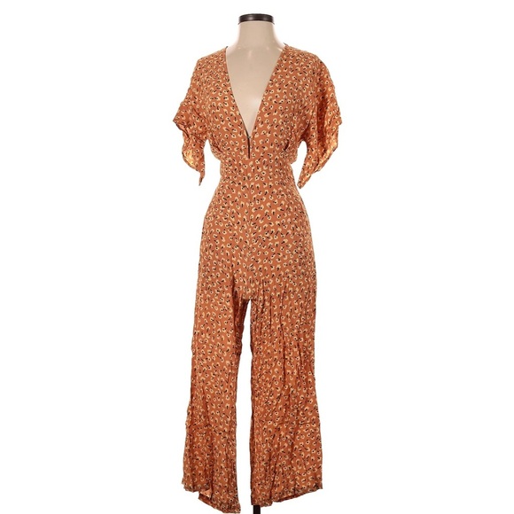 Faithfull The Brand Plunge Orange Floral Jumpsuit Boho Cottagecore Size 4 - Picture 2 of 10